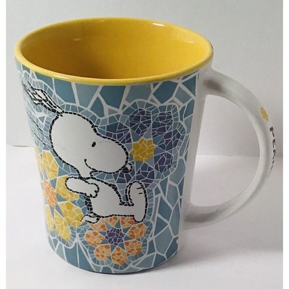 Peanuts Snoopy Mosaic Coffee Mug Cup by Gibson Vintage 1990s Yellow Blue - Picture 1 of 8